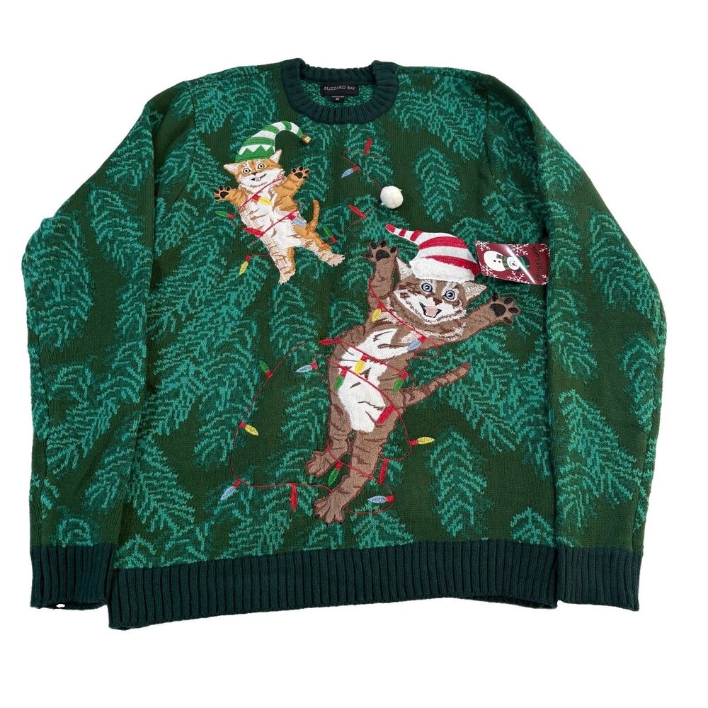 Blizzard Bay Women Ugly Christmas Sweater Cat Medium M Green NWT Tangled Kittens